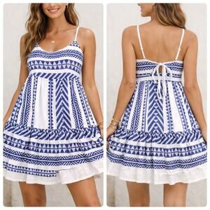 Mi Ami Blue & White Boho Mini Dress | 100% Cotton | Tie Back | Size L